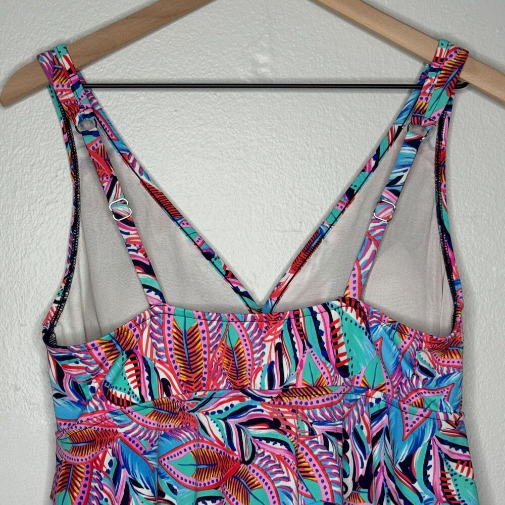 Swim Solutions Womens One Piece Bathing Suit 12 Pink Blue Tropical Tiered Resort - Picture 9 of 12